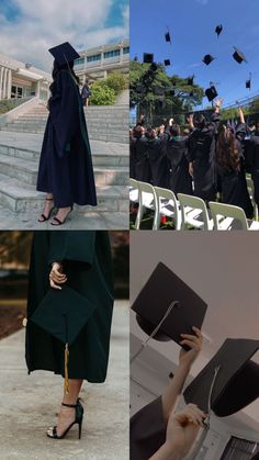 four pictures with graduation caps and gowns in the process of being thrown into the air