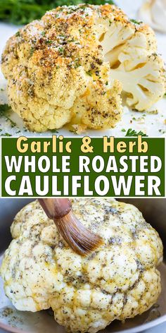 garlic and herb whole roasted cauliflower on a plate with the title above it