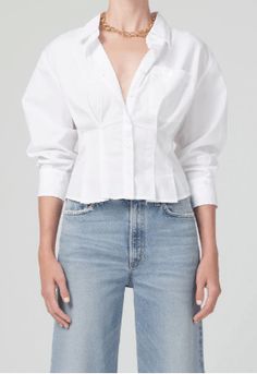 Citizens of Humanity Francis Corset Shirt in White - Estilo Boutique Modern Corset, Corset Shirt, White Collared Shirt, Maxi Shirt Dress, Perfect Jeans, Citizens Of Humanity, Wide Leg Denim, Woven Cotton, Corset Top