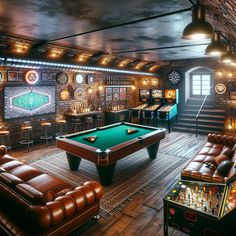 Unwind in a sophisticated underground man cave with rustic brick walls, classic hardwood floors, and a leather sectional paired with a massive TV. Enjoy a game of pool, pinball, or rock out on a mini stage. A stocked bar and vintage decor adds a fun vibe. #ManCaveGoals #RusticDecor #HomeBar #GameRoom #HomeTheatre #MusicStage Mini Stage, Bar Lounge Room, Garage Game Rooms, Classy Man, Man Cave Design, Rustic Brick, Pool Table Room, Garage Guest House, Home Bar Rooms