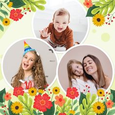 two girls with birthday hats and flowers are smiling at the camera while another girl holds her hand up in front of her face