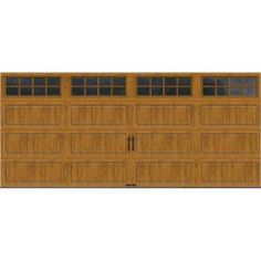 a wooden garage door with windows on the top and bottom panel, in front of a white background