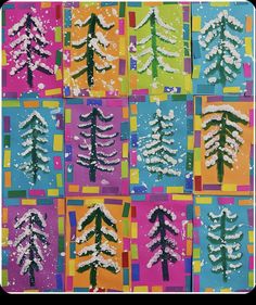 a collage of snow - covered pine trees in different colors and sizes on colored squares