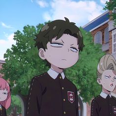 three anime characters are standing in front of some trees and buildings with their eyes closed