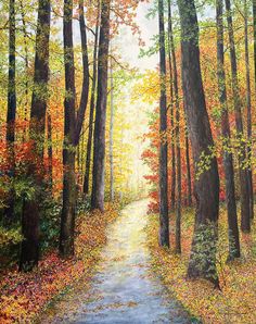 a painting of a path in the woods with trees and leaves on both sides, surrounded by fall foliage