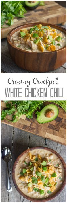 creamy crockpot white chicken chili with avocado and cilantro on the side