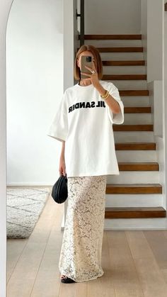 ig: orlaithmelia_ Maxi Lace Skirt Outfit Ideas, Lace White Skirt Outfit, Cream Lace Skirt Outfit, Lacy Skirt Outfit, Long White Lace Skirt Outfit, Lace Skirt Oversized Tee, Sheer Lace Skirt Outfit, Long Lace Skirt Outfit, Lace Maxi Skirt Outfit