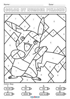 the color by number pikachu coloring page is shown with numbers and letters on it