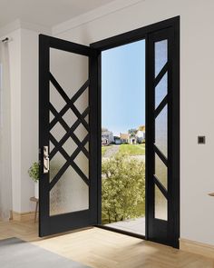 an open glass door in a white room