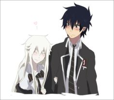 two anime characters standing next to each other in front of a white background with black hair