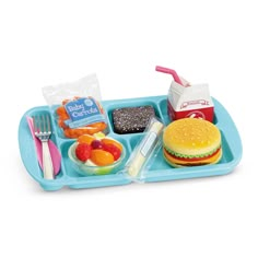 a blue tray with food and drinks on it