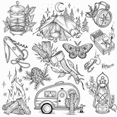 the camping symbols are drawn in black and white