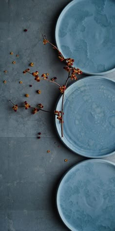 three blue plates sitting on top of a table next to each other with flowers in them