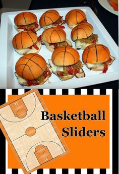 basketball sliders on a tray with an orange and black striped background