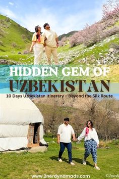 two people holding hands in front of a yurt with the words hidden gems of uzbekistan