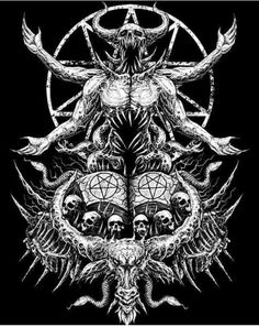 a black and white drawing of skulls, demon heads, and pentagramus on a black background