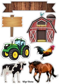 farm animals stickers are shown in front of a barn, tractor and chicken sign