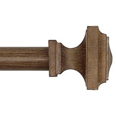 a close up of a wooden handle on a curtain rod with wood grained finish