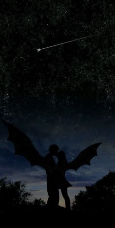 Two male and female bat-winged lovers embracing under the stars. A shooting star passes above them as they kiss. The female is wearing a skirt, her long hair down and flowing down her back. Her wings are smaller than his, matching her height and body mass. She reaches up in her tippy toes to kiss him as he bends down to her height. Disney Canvas Art, Roses Book, Court Of Thorns And Roses, Book Wallpaper, Look At The Stars, Fantasy Aesthetic, Fantasy Novels