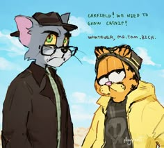 two cats dressed in clothes and hats standing next to each other, one wearing glasses