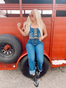 Jeans Corset, Denim Corset Top, Cute Country Outfits, Denim Corset, Vintage Pants, Country Outfits, Spears, Vintage Jeans, Corset Top