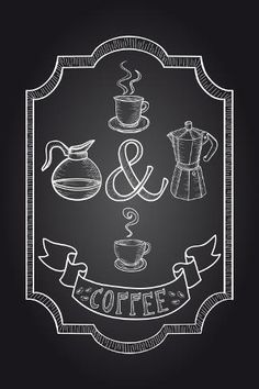 chalk drawing coffee and tea emblem on blackboard