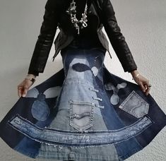 Dark Wash Patchwork Denim Skirt, Denim Fashion, Clothes