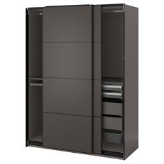 an open closet with two shelves and drawers