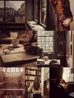 a collage of photos with books and people in the background, including a woman sitting at a desk