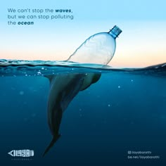 a bottle floating in the ocean with a message below it that reads we can't stop the waves, but we can stop polluting the ocean