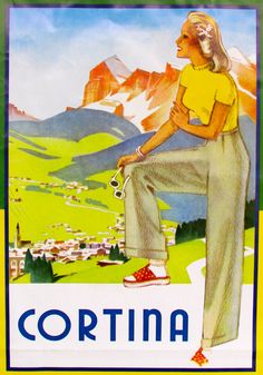 an advertisement for the cortina brand, with a woman in yellow shirt and grey pants