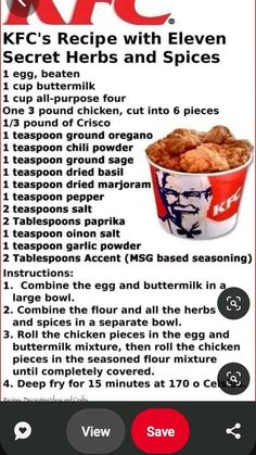 an advertisement for kfc's recipe with eleven secret herbs and spices