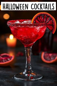 a blood orange cocktail in a coupe glass with the words halloween cocktails on it