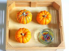 three orange pumpkins sitting on top of a wooden tray