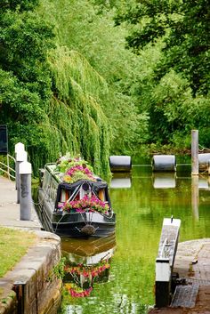 a boat with flowers on it is going down the river