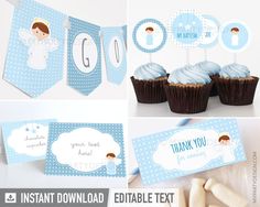 Boy Baptism Decorations, Baptism Decorations Boy, Baby Sprinkle Decorations, Baptism Party Decorations, Party Food Labels, Straw Flags, Baptism Decorations, Diy Cake Topper