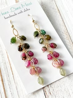 "Beautiful Watermelon Tourmaline cascade earrings, wrapped in 14 kt gold fill.  Drops 2 1/4\" below ear wire." Jewelry Making Classes, Tourmaline Jewelry, Watermelon Tourmaline, Cluster Earrings, Beads And Wire, Bead Jewellery