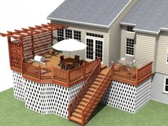 a 3d rendering of a house with deck and pergolated walls, stairs to the second floor