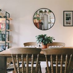 a dining room table with four chairs and a potted plant on the top shelf