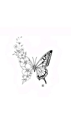 a black and white drawing of a butterfly on a flower