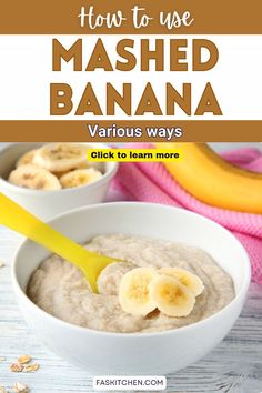 A close-up image of a bowl filled with creamy mashed banana, showcasing its smooth texture and bright yellow color. A fork is placed next to the bowl, hinting at its easy preparation. In the background, fresh bananas are visible, emphasizing the fruit's natural sweetness and versatility. The setting is warm and inviting, perfect for illustrating the wholesome nature of mashed bananas in cooking. Easy Ideas, Natural Sweeteners, Savoury Dishes, Delicious Salads, Super Simple, Bananas, Baked Goods