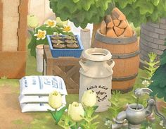 there are many items that can be found in the garden, including flowers and pots