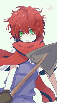 an anime character with red hair and green eyes holding a large ax, while standing in front of a white background