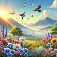 a painting of flowers and butterflies in the sky with mountains in the backgroud