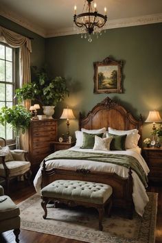 a bedroom with green walls and wooden furniture