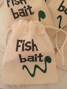 "Listing is for custom Fishing Themed party canvas goody bags/pouch.  Bags are approx 5in X 6in \"Fish Bait\" saying printed directly on each bag. Worm is cut out of flocked hear vinyl and adhered to each bag.  Saying and colors can be customized to best match your party.  Please convo me with any questions.  Thank you!" Fishing Themed Party, Fishing Theme Party, Fish Bait, Pouch Bags, Goody Bags, Fish In A Bag, Fishing Theme, Fishing Bait, Favor Bags