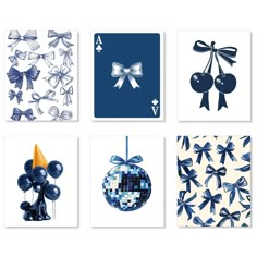 four cards with blue and white designs on them, one has a balloon, the other has a bow