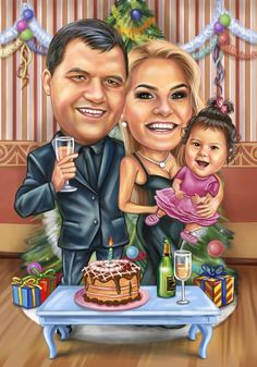 a man and woman holding a baby in front of a cake with candles on it