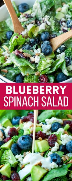 collage of blueberry broccoli spinach salad Blueberry Salad Recipes, Blueberry Spinach Salad, Broccoli Spinach, Blueberry Salad, Gourmet Salad, Spinach Salad Recipes, Seasonal Salad, Berry Salad, Fun Salads