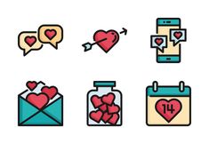 the icons for valentine's day are arranged in different styles and colors, including hearts